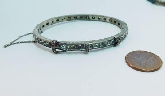 Vintage 925 Icy Clear Rhinestones Belt Buckle Scrolled Filigree Hinged Bangle Bracelet 15.7g image number 3