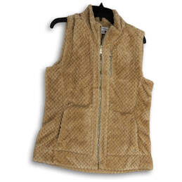 Womens Beige Sleeveless Mock Neck Pockets Full-Zip Vest Jacket Size Medium
