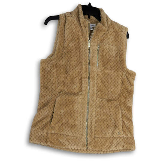 Womens Beige Sleeveless Mock Neck Pockets Full-Zip Vest Jacket Size Medium image number 1