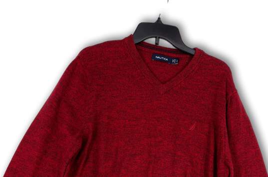 Mens Red Knitted V-Neck Long Sleeve Stretch Pullover Sweater Size Large image number 3
