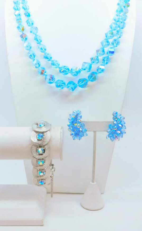 Vintage Laguna Clip Earrings & Silver Tone Blue Aurora Borealis Crystal Jewelry 201.8g image number 1