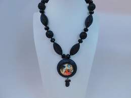 Hotcakes Design 925 Carved Black Lucite Onyx Floral Victorian Lady Necklace 92.3g