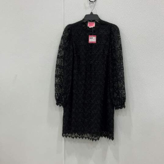 NWT Womens Black Lace Scallop Long Sleeve Button Mini Dress Size 8 image number 1