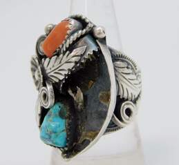 Artisan 925 Sterling Silver Coral & Turquoise Feather Scrolled Statement Ring For Repair 15.2g alternative image
