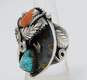 Artisan 925 Sterling Silver Coral & Turquoise Feather Scrolled Statement Ring For Repair 15.2g image number 2