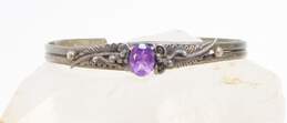 Les Baker 925 Southwestern Faceted Amethyst Flowers & Feathers Granulated Cuff Bracelet 12.1g