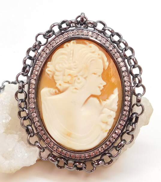 Amedeo Gunmetal Tone Carved Shell Cameo Crystal Pendant Necklace 41.4g image number 3