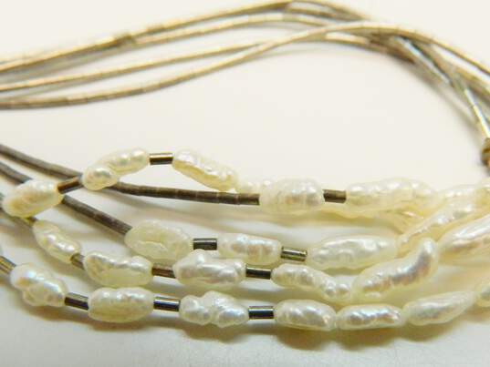 Artisan 925 Southwestern White Freshwater Pearls Beaded Liquid Silver Multi Strand Necklace 13.9g image number 2