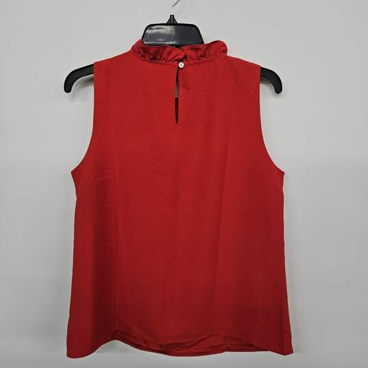 Vibrant Red Ruffle Neck Sleeveless Satin Crepe Blouse Top image number 2