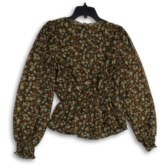 NWT Womens Brown Floral V-Neck Long Sleeve Elastic Waist Blouse Top Size M image number 2
