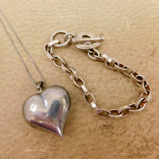 Romantic Artisan 925 Puffed Heart Chunky Pendant Necklace & Oval Cable Chain Open Heart Toggle Bracelet 27.1g image number 1