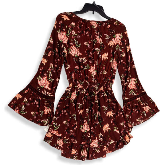 Womens Red Floral Flared Sleeve Round Neck Pullover Fit & Flare Dress Sz XS image number 2