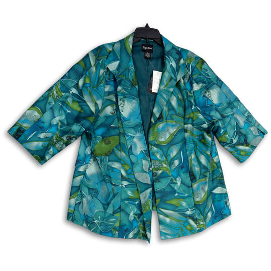 NWT Womens Blue Green Tropical Print 3/4 Sleeve Open Front Jacket Size 2X image number 1