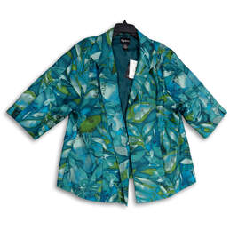 NWT Womens Blue Green Tropical Print 3/4 Sleeve Open Front Jacket Size 2X