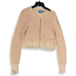Womens Tan Knitted Long Sleeve Cropped Full-Zip Sweater Size Small