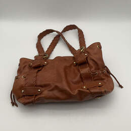Womens Beige Gold Leather Inner Pockets Double Handle Shoulder Bag Purse