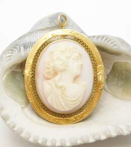 Antique 10K Yellow Gold Carved Shell Cameo Pendant Brooch 6.4g