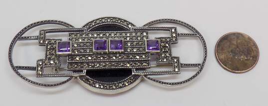 Romantic Judith Jack 925 Sterling Silver Amethyst Marcasite & Onyx Art Deco Style Brooch 27.1g image number 2