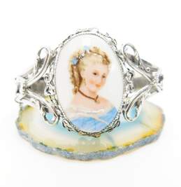 Vintage Whiting & Davis Limoges Porcelain Portrait Hinged Bangle Bracelet 31.5g