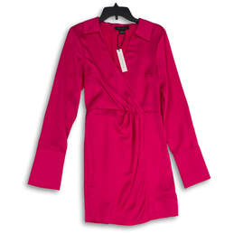 NWT Womens Hot Pink Satin Collared Cuff Detail Long Sleeve Wrap Dress Sz 4