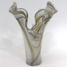 Vtg Murano  Gray  And White Free-Form Swirl Art Glass Vase