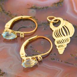 14K Yellow Gold Sapphire Accent & Topaz Drop Earrings & Seashell Pendant 1.1g