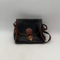 Dooney & Bourke Womens Brown Black Leather Turn Lock Crossbody Bag Purse