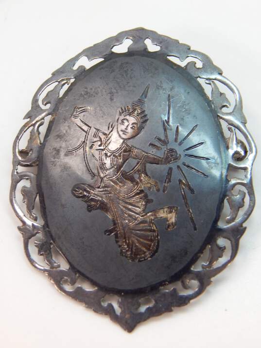 Vintage Siam Sterling 925 Niello Etched Dancer Oval Brooch & Temple Money Clip image number 5