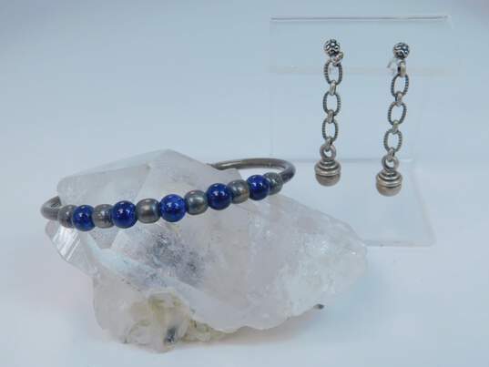 Artisan 925 Ball Bead Textured Cable Chain Drop Scrolled Post Earrings & Faux Stone & Round Beaded Cuff Bracelet 18g image number 1