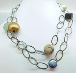 Artisan 925 Sterling Silver Smoky Quartz Agate & Faux Pearl Multi Stone Station Chain Necklace 64.7g