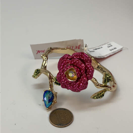 NWT Designer Betsey Johnson Gold-Tone Pink Rose Crystal Hinge Cuff Bracelet image number 3