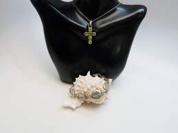 Artisan 925 Peridot Cross Pendant Necklace & Textured Bracelet 22.5g