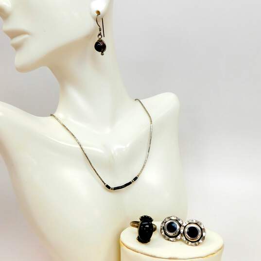 Taxco Mexico 925 Black Beaded Liquid Silver Necklace Modernist Circle & Onyx Cabochon Drop Earrings & Granulated Oval Ring 19g image number 1