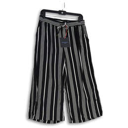 NWT Womens Black White Striped Slash Pocket Wide Leg Ankle Pants Size M
