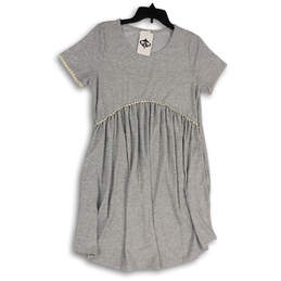 NWT Womens Gray Pleated Round Neck Short Sleeve Pullover Mini Dress Size M