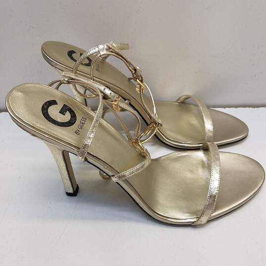 G by GUESS Roselyn Gold Leather Strap Sandal Heels Shoes Size 10 M image number 3