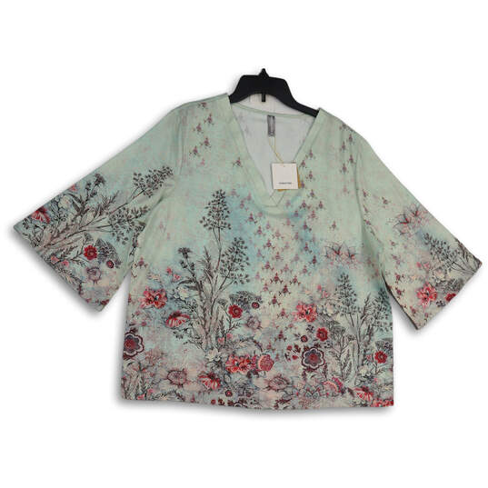 NWT Womens Blue Pink Floral V-Neck 3/4 Sleeve Pullover Blouse Top Size XXL image number 1