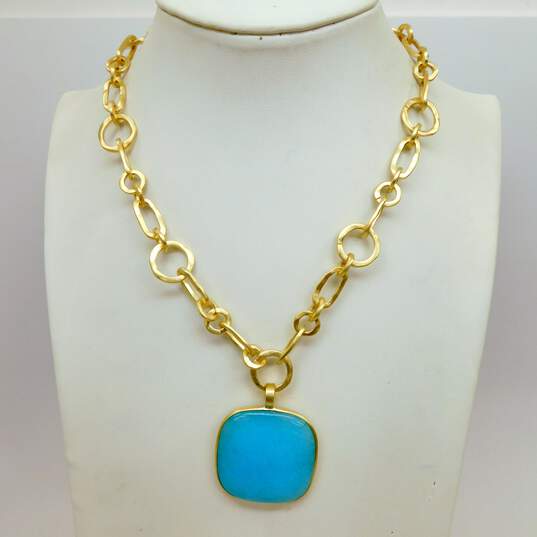 Glow Sheila Fajl Thailand Goldtone Amazonite Cabochon Square Pendant Brushed Hammered Fancy Chain Necklace 48.4g image number 2