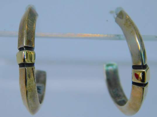 Artisan Signed 925 & 14K Gold Accent Notched Ridged Semi Hoop Post Earrings 3.9g image number 1
