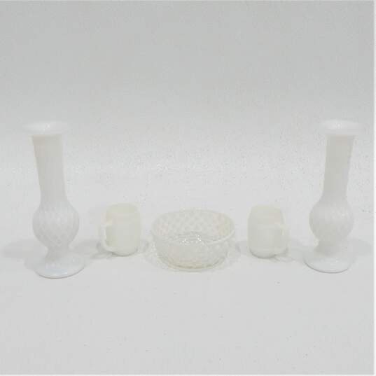 VTG E.O. Brody Milk Glass Bud Vases w/ Opalescent Hobnail Dish & Barrel Holders image number 1