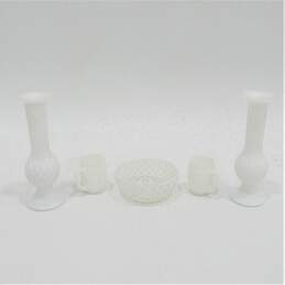 VTG E.O. Brody Milk Glass Bud Vases w/ Opalescent Hobnail Dish & Barrel Holders