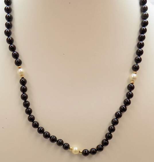 Romantic 14K Yellow Gold Pearl & Onyx Beaded Necklace 21.8g image number 1