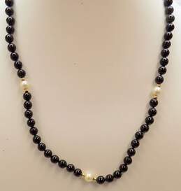 Romantic 14K Yellow Gold Pearl & Onyx Beaded Necklace 21.8g