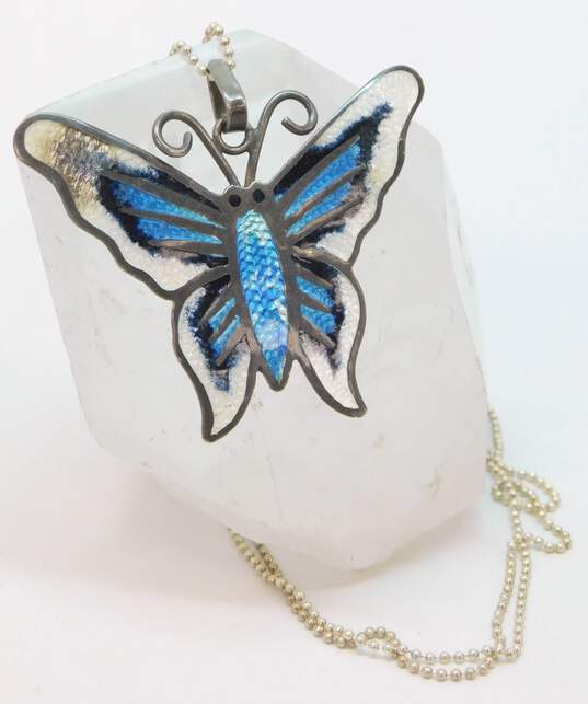 VNTG 925 Sterling Silver Mexico White Blue Black Enamel Butterfly Pendant Necklace image number 2