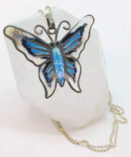 VNTG 925 Sterling Silver Mexico White Blue Black Enamel Butterfly Pendant Necklace alternative image