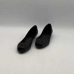 Womens Black Leather Peep Toe Slip-On Wedge Pump Heels Size 10