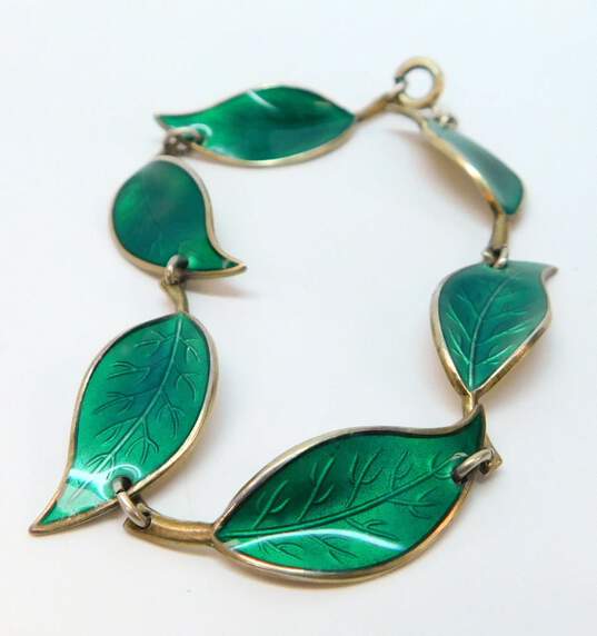 Vintage David Andersen Norway 925 Green Enamel Leaf Bracelet & Clip Earrings Set 16.8g image number 3