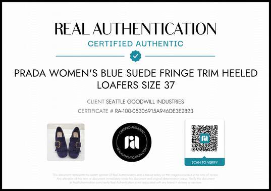 Prada Women's Blue Suede Fringe Trim Heeled Loafers Size 6.5 w/COA image number 7