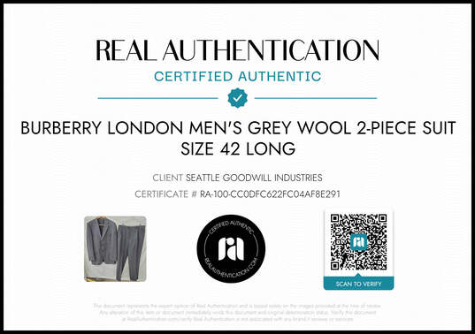 Burberry London Men's Grey Wool 2-Piece Suit Size 42 Long AUTHENTICATED image number 5
