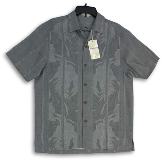 NWT Mens Gray Floral Spread Collar Short Sleeve Button-Up Shirt Size M image number 1